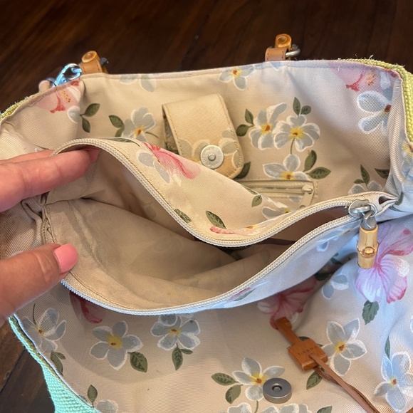 Fossil Bamboo Wooden Handle Woven Satchel Crossbody Lime Green Purse - Picture 5 of 11